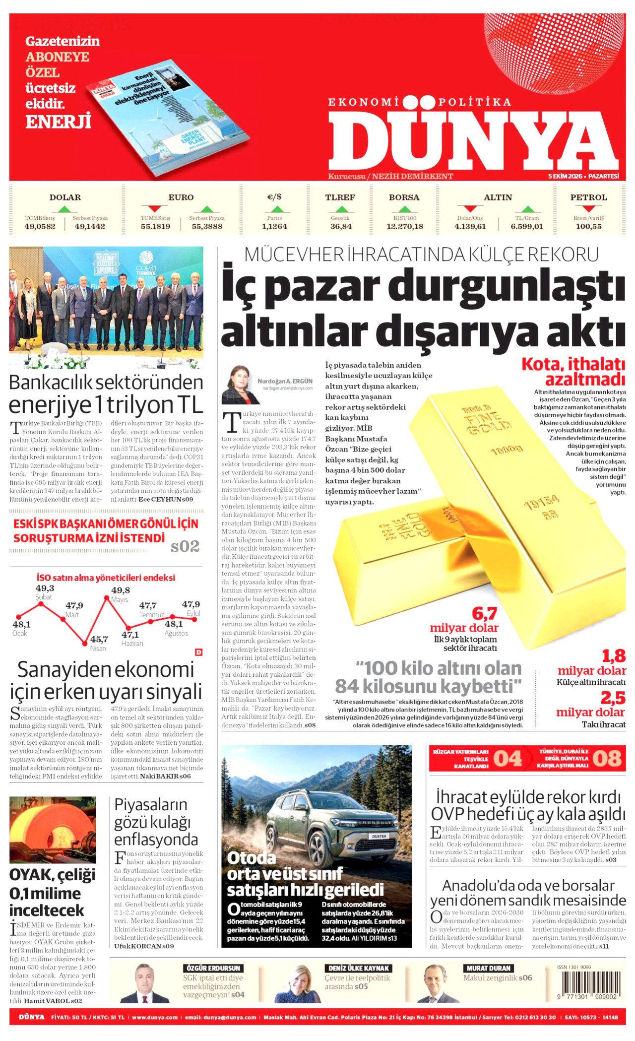 Dünya Gazetesi gazetesi manşeti