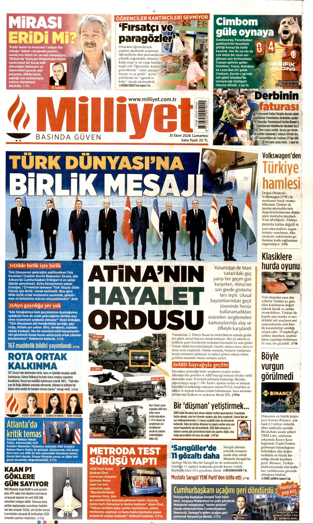 Milliyet Gazetesi gazetesi manşeti