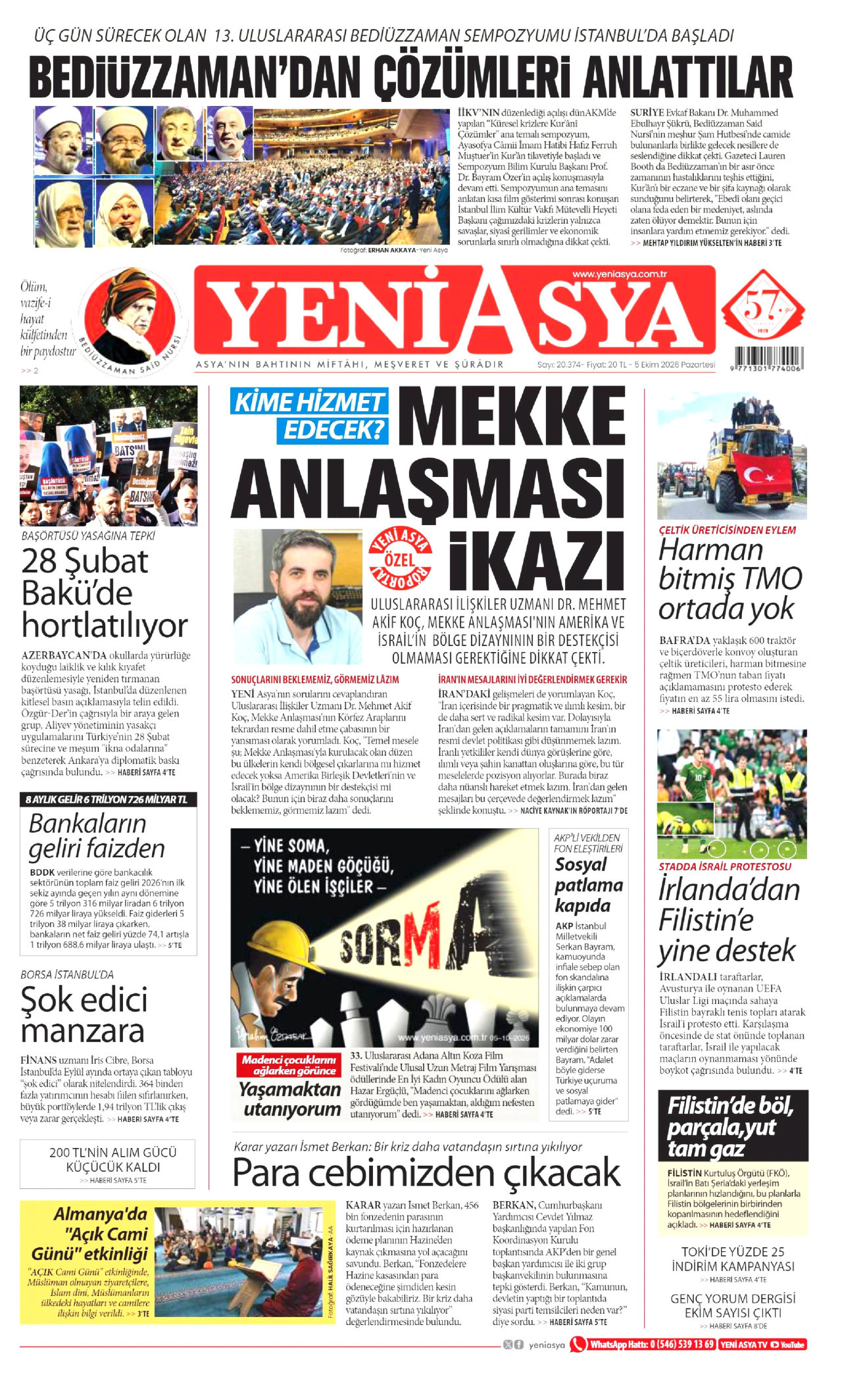 Yeni Asya Gazetesi gazetesi manşeti