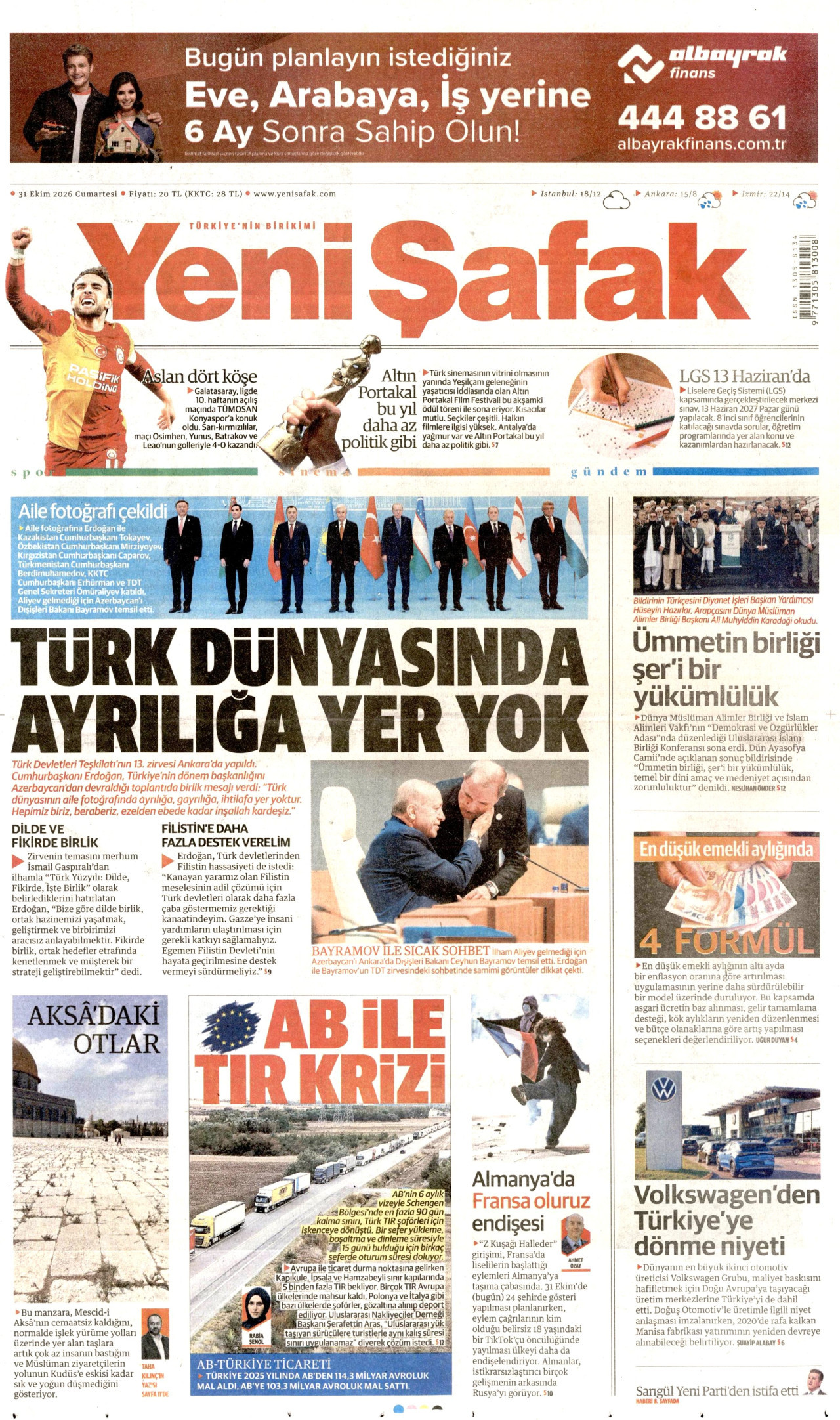 Yeni Şafak Gazetesi gazetesi manşeti