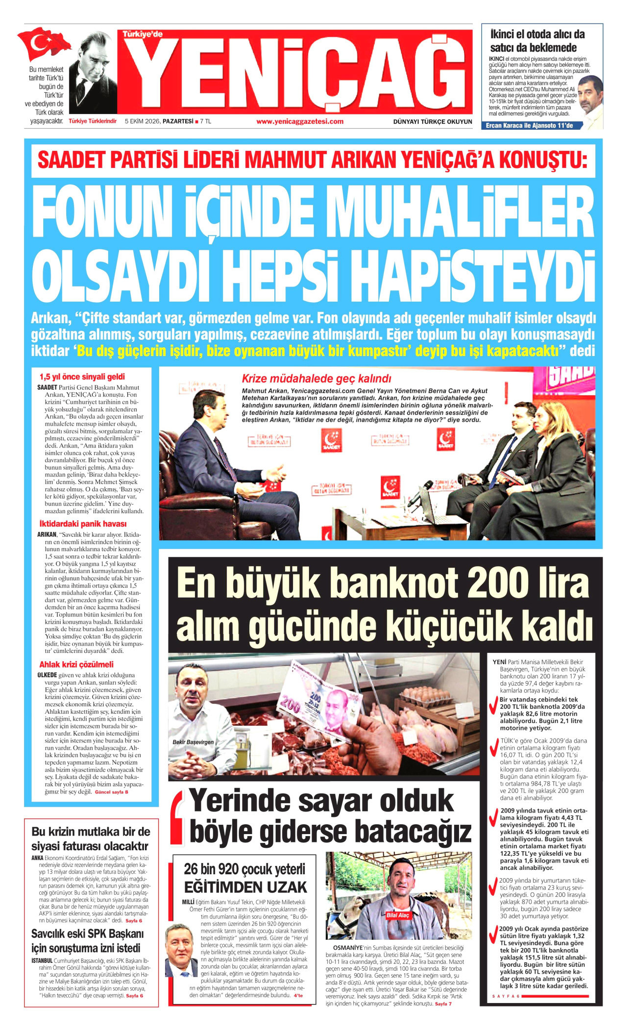 Yeniçağ Gazetesi gazetesi manşeti